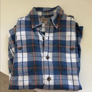 Duluth Trading Co Blue and Orange Plaid Shirt